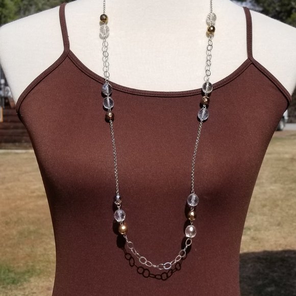 None Jewelry - Gold Clear Acrylic Beaded Necklace w/Silver Chain